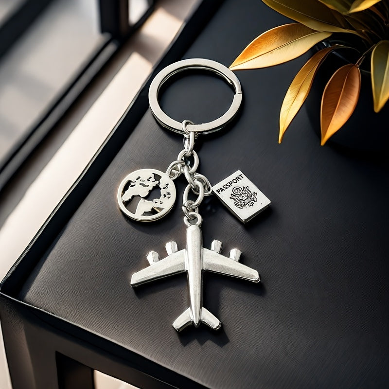 ViajeAmor DN — Llavero de Acero Inoxidable con Charms de Maleta, Globo y Avión (Grabado “Travel with Love”)