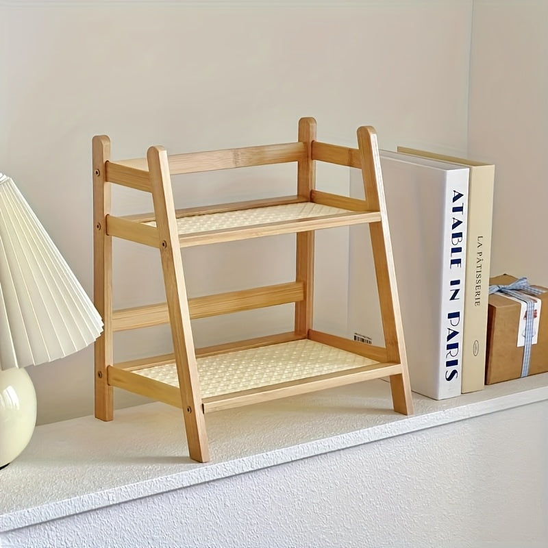 Double layer wooden cup storage rack, 26cm/10 inch artificial rattan mug organizer, suitable for kitchen and living room, compact desktop rack, can hold mugs, cups and small items, durable wooden material, space saving design