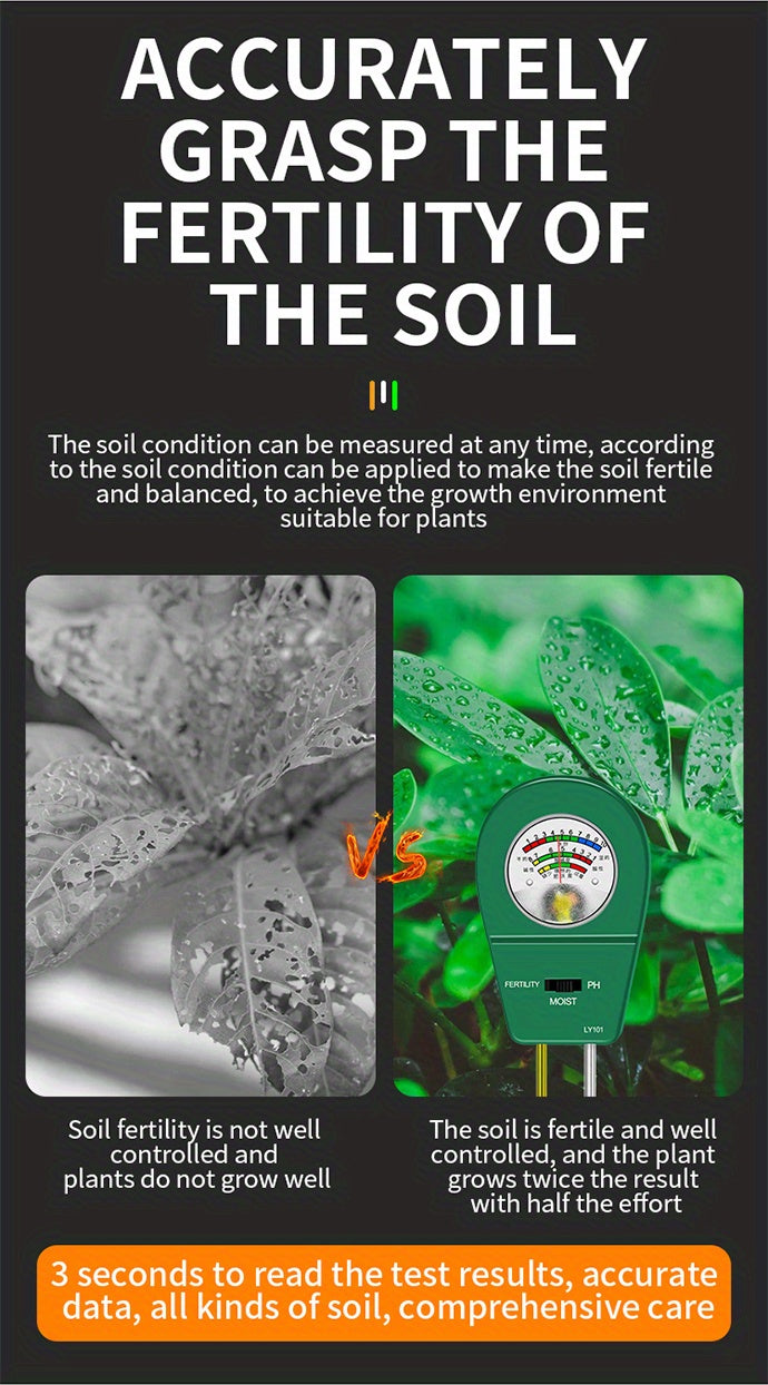 EcoSense CZDANG — Medidor de Suelo 3 en 1 sin Batería (Humedad, pH y Luz Solar)