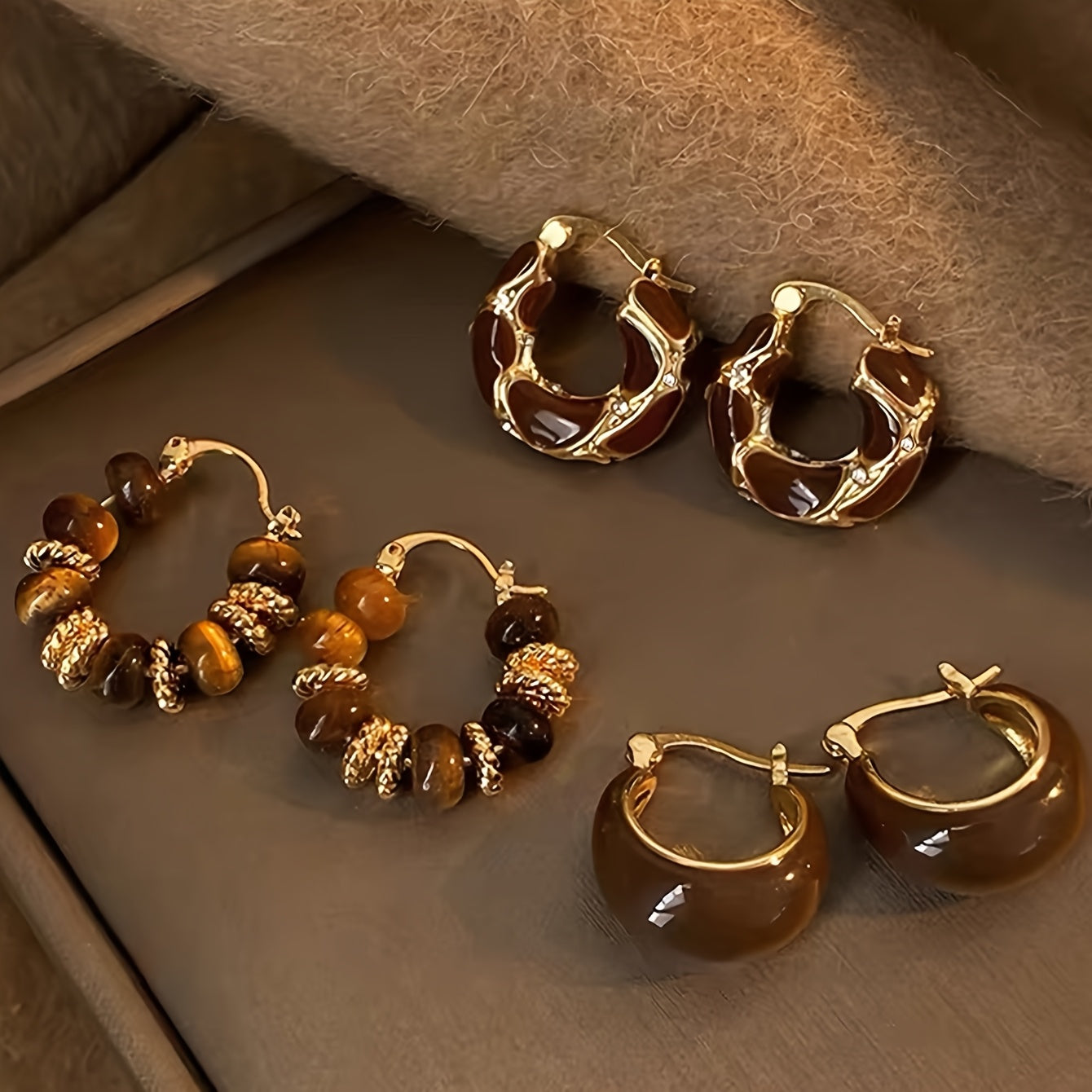Amber Elegance — Set de 3 Pares de Aros Vintage con Cuentas Ámbar