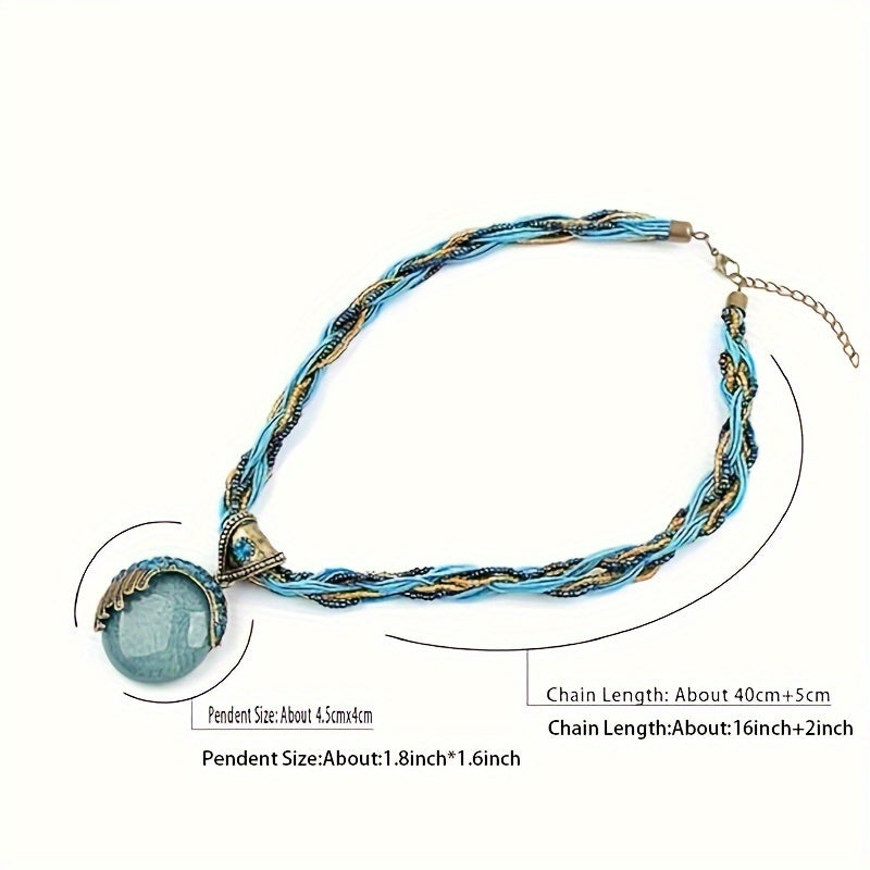 Women'S Vintage Bohemian Necklace - Twisted Rope Chain with Turquoise Rhinestone Pendant, Exaggerated Retro Jewelry for Everyday & Formal Events, Bohemian Party Necklace Gift for Women, Versatile Accessory, Ethnic Style, Arti