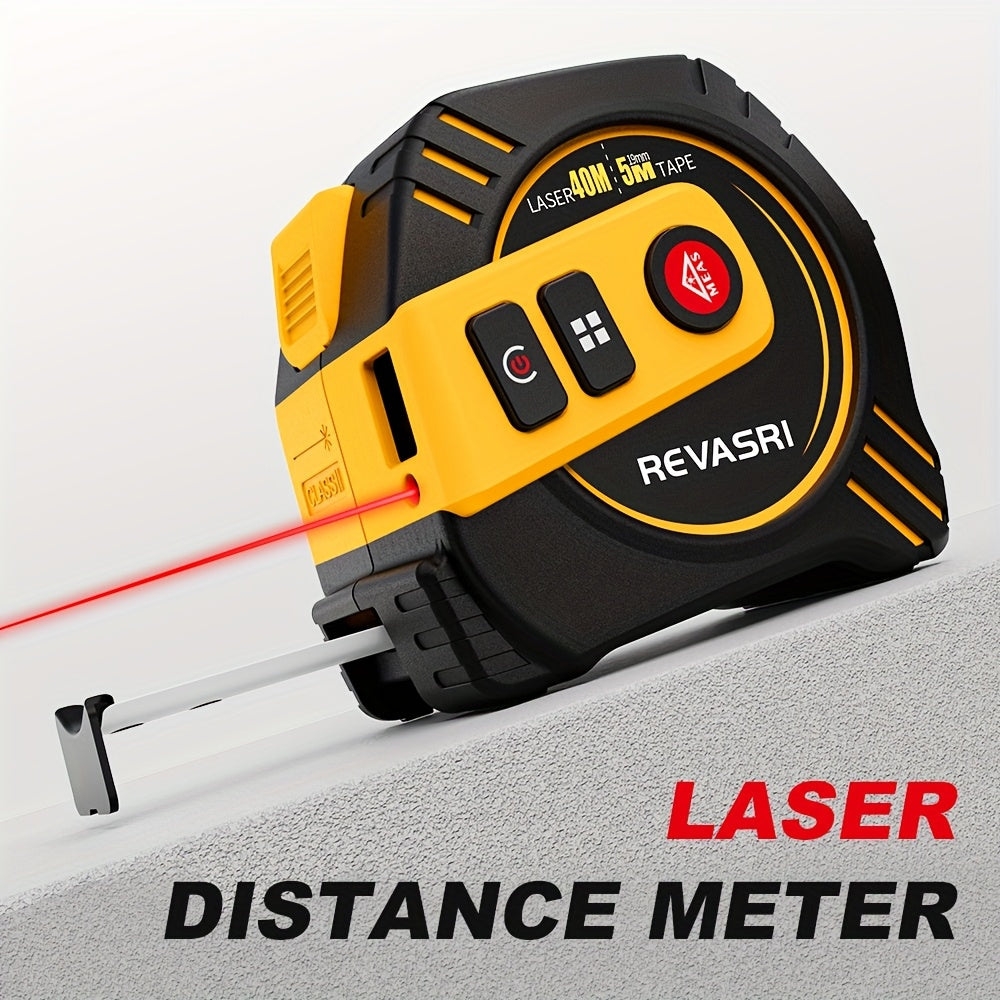 REVASRI 2-in-1 Laser Measuring Tool - 131ft/40m Laser Distance Meter & 16ft/5m Tape Measure, USB Rechargeable with LCD Display, Supports Pythagorean Theorem, Area & Volume Calculations, Feet/Inches/Meters Switchable, Ideal fo