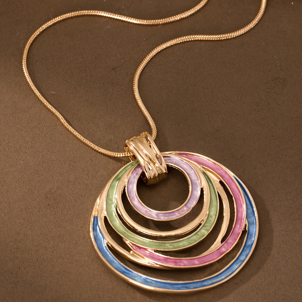 Women's Elegant Bohemian Necklace - Golden-Toned KC Chain with Green/Purple/Blue/Pink Gradient Pendant, Layered Oval Jewelry for Everyday & Formal Events, Valentine's Gift for Her - Year-Round Wearable Art, Party Accessory, G