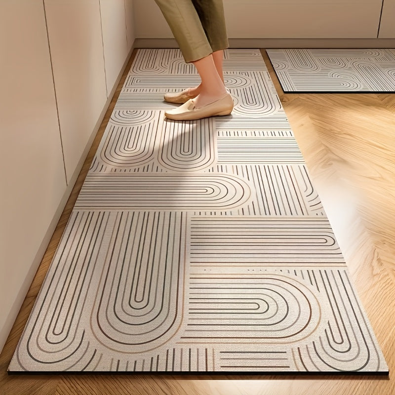 1pc Nordic Style Kitchen Mat - Modern Floral Design with Stripes & Checkered Accents, Rubber Backed Machine Washable Rectangular Mat for Home Decor, Easy-Clean Durable Floor Mat