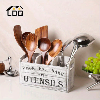RustiBox LDQ — Organizador de Utensilios de Cocina de Madera con 3 Compartimentos (Montaje en Pared o Encimera, Acabado Barnizado)