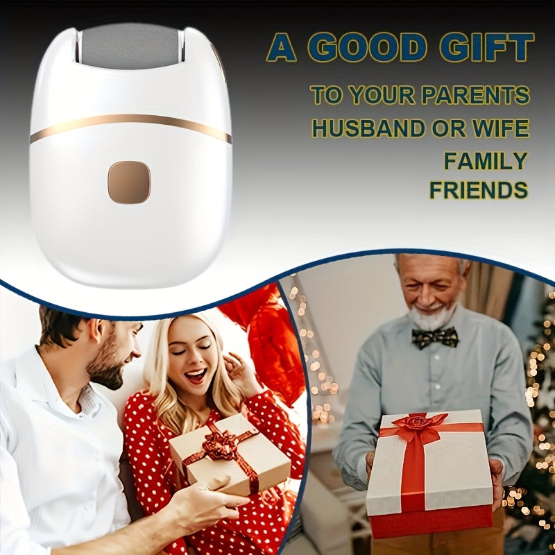 Rechargeable Electric Foot Exfoliator with 6 Replaceable Heads, for Dead Skin Removal and Polishing, USB Powered, a Smooth Two-color Design (White and Golden), Ergonomic Handle for Comfortable Use