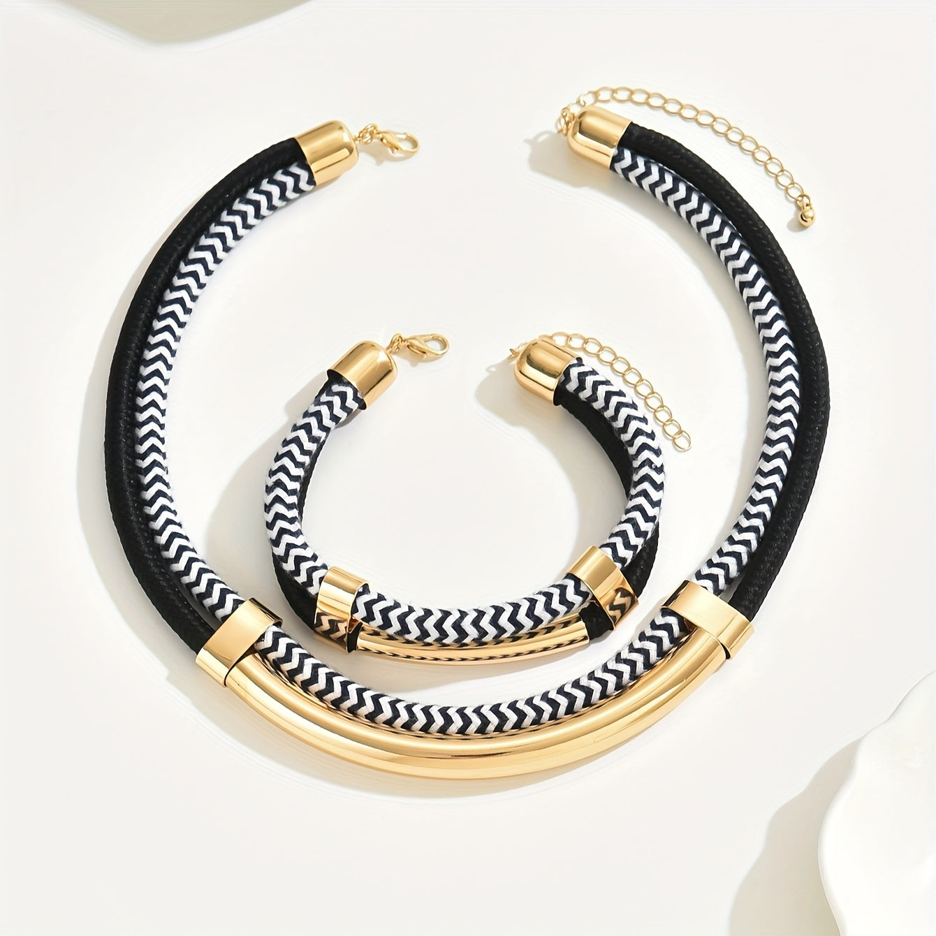 2pcs Vintage Style Jewelry Set, 14K Golden Plated Iron Necklace and Bracelet, Hip-Hop Inspired Double Line Design, Suitable for Daily and Party Occasions