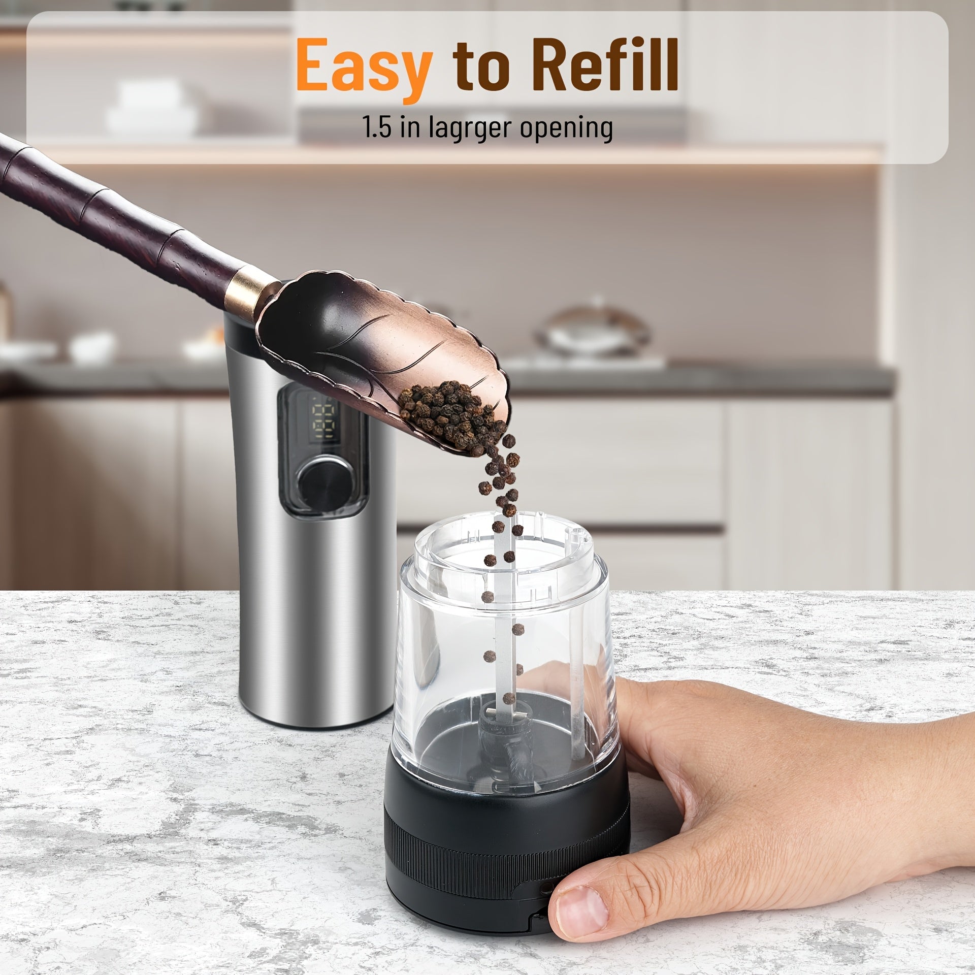 2pcs, Stainless Steel Electric Pepper Salt Grinder with LED Display, Combination Base and USB Charging, Roughness Adjustable, Large Capacity Pepper Salt Grinder, Suitable for Kitchen, Restaurant and Outdoor Use, Ideal Choice