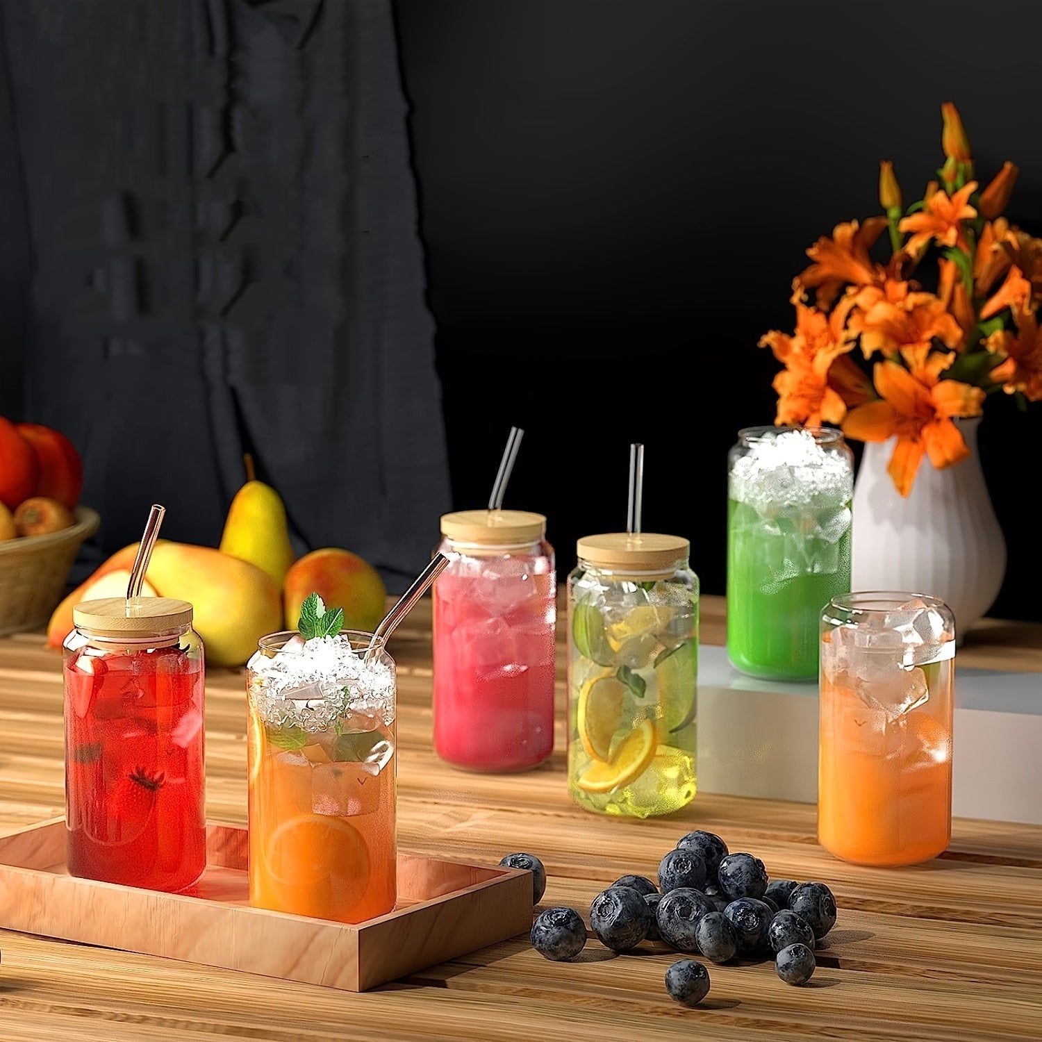 BrewJoy Set — Vasos de Vidrio con Tapa, Bombilla y Cepillo (4 Piezas)