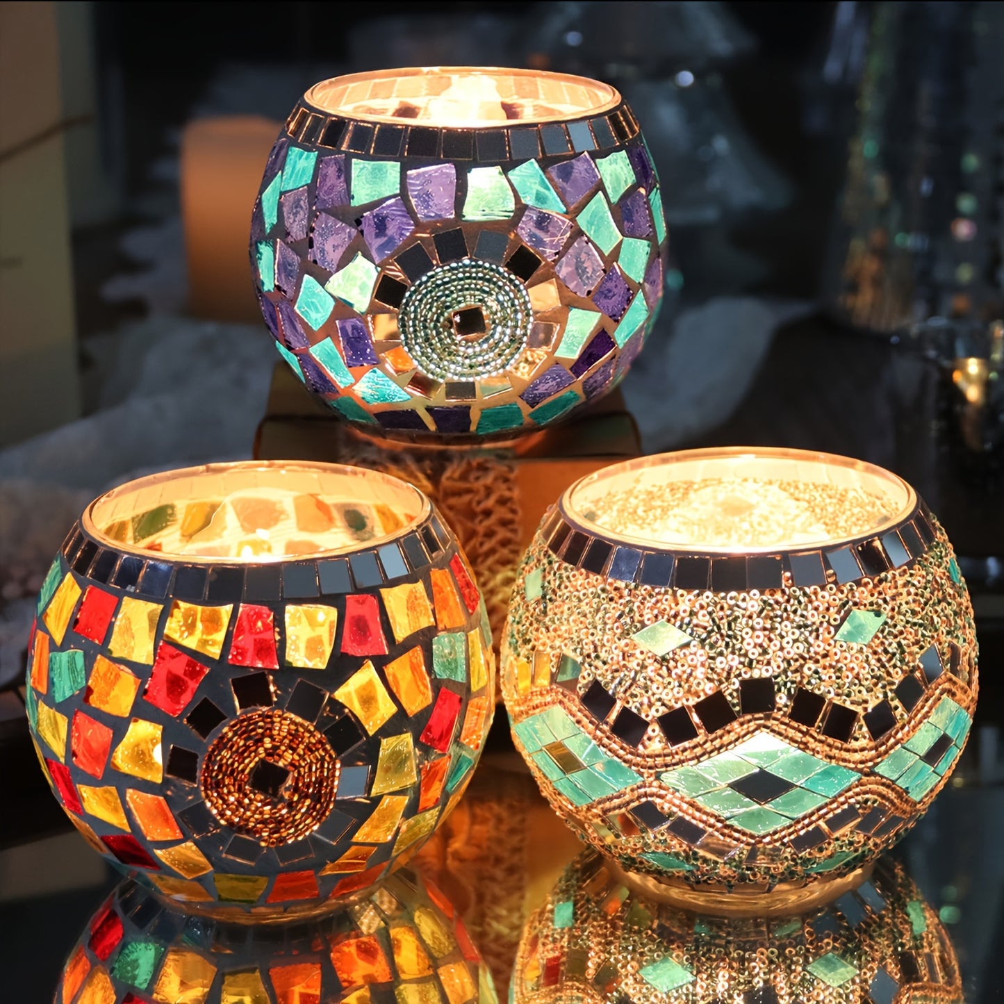 LuzMosaico VH — Set of 3 Turkish-Moroccan Handmade Candle Holders (Crystal with Lacquered Finish, Glam Style)