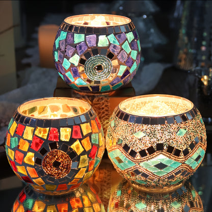 LuzMosaico VH — Set of 3 Turkish-Moroccan Handmade Candle Holders (Crystal with Lacquered Finish, Glam Style)