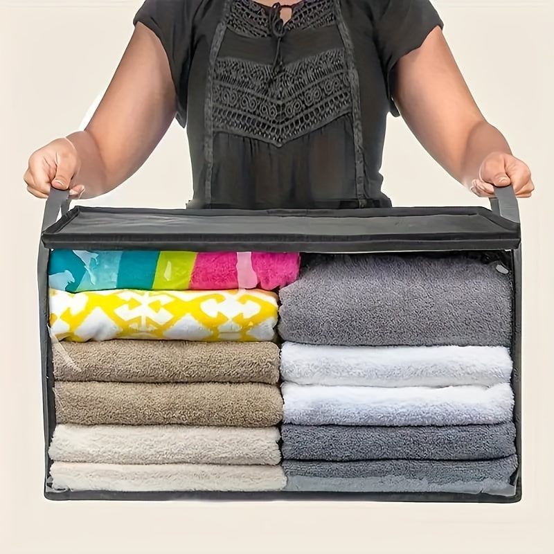 54.02 L Large Capacity Foldable Storage Box, Gray, Rectangular, Modern Style, Durable Fabric, Transparent Window, Sturdy Handle, Multi-Purpose, Suitable for Wardrobe, Dormitory, Home Organization, Clothes, 24-Hour Bedding, Pi