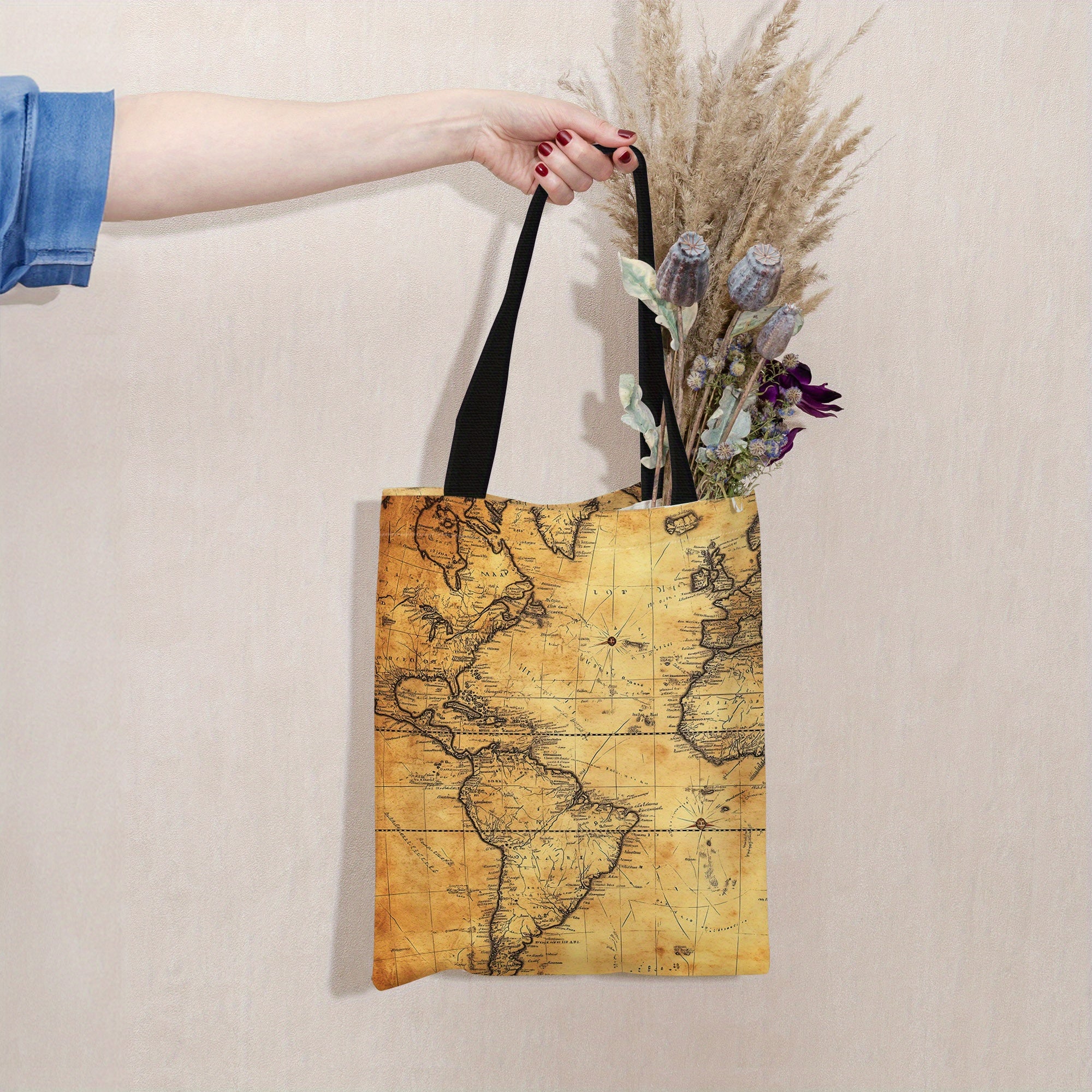 1pc Vintage World Map Canvas Tote Bag - Durable Polyester, Retro Style with Classic Map Design, Perfect for Shopping & Everyday Use, Shopping Canvas Bag|Nostalgic Accessory|Detailed Cartographic Print