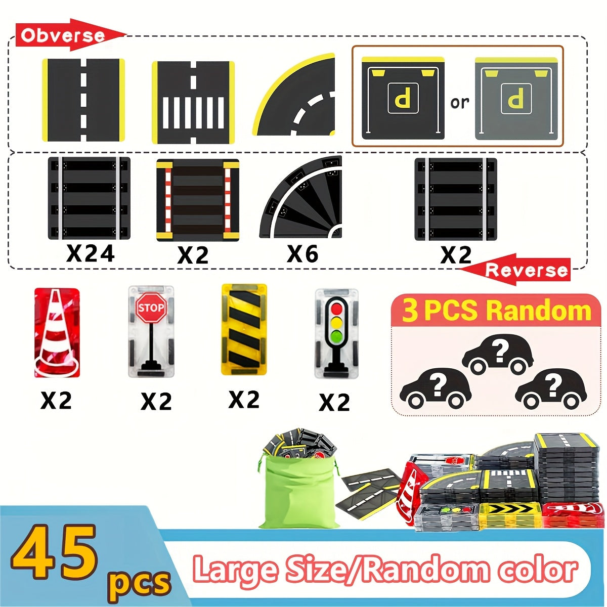 Magical Road Set with Magnetic Road Indicators, Toy Cars, and Magnetic Building Blocks STEM Educational Creative Construction Toys for Kids - Random Colors