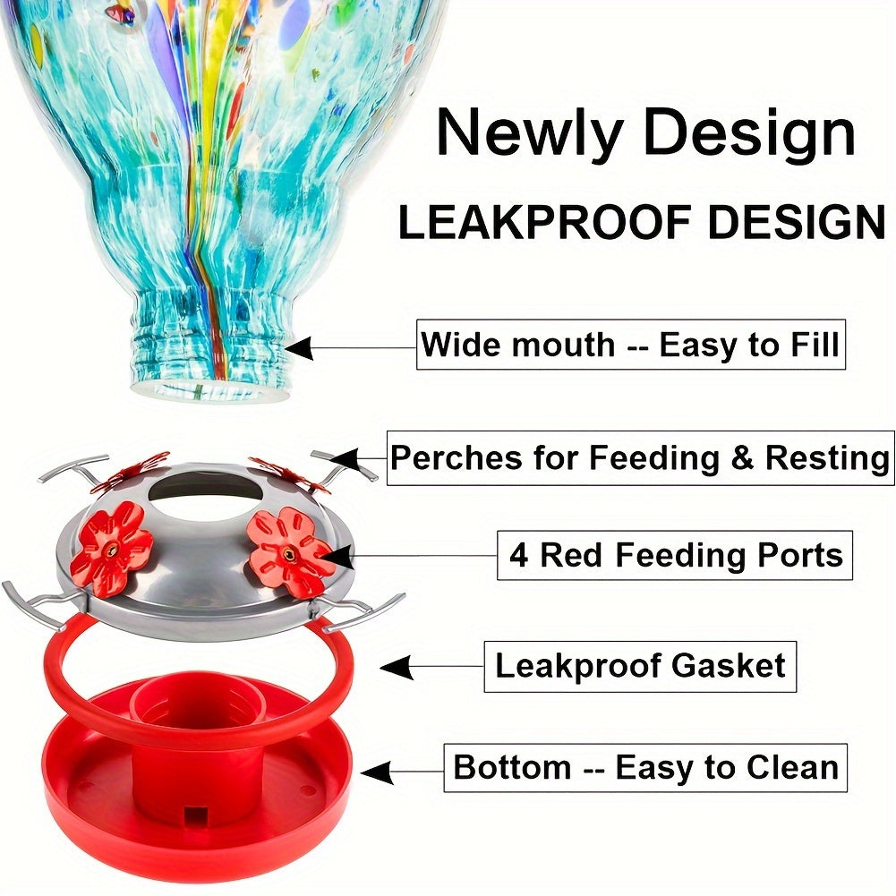 Colorful Hand-Blown Glass Hummingbird Feeder: 32oz (946ml) Capacity, Outdoor Hanging, Ant Moat, No Electricity Required