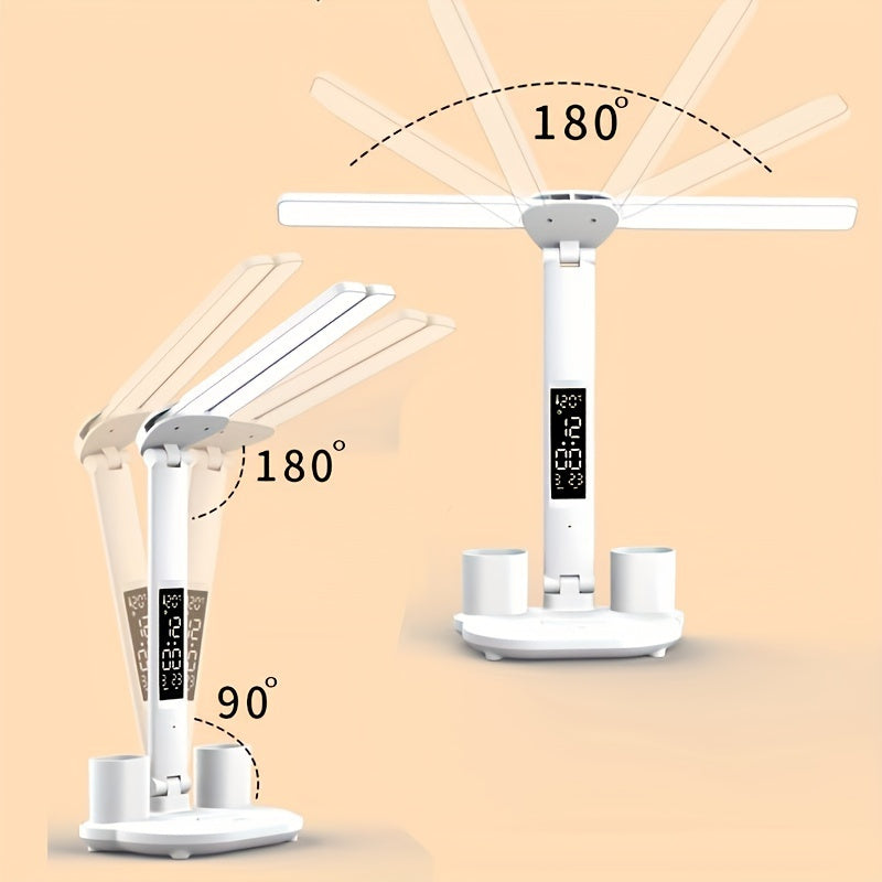 Foldable LED Desk Lamp with Digital Clock & Calendar Display, USB-Powered Touch Control, Sleek White Design for Bedroom Bedside Reading - Includes USB Cable, Bedside Reading Light | Modern Desk Lamp | Foldable Lamp, Desk Lamp