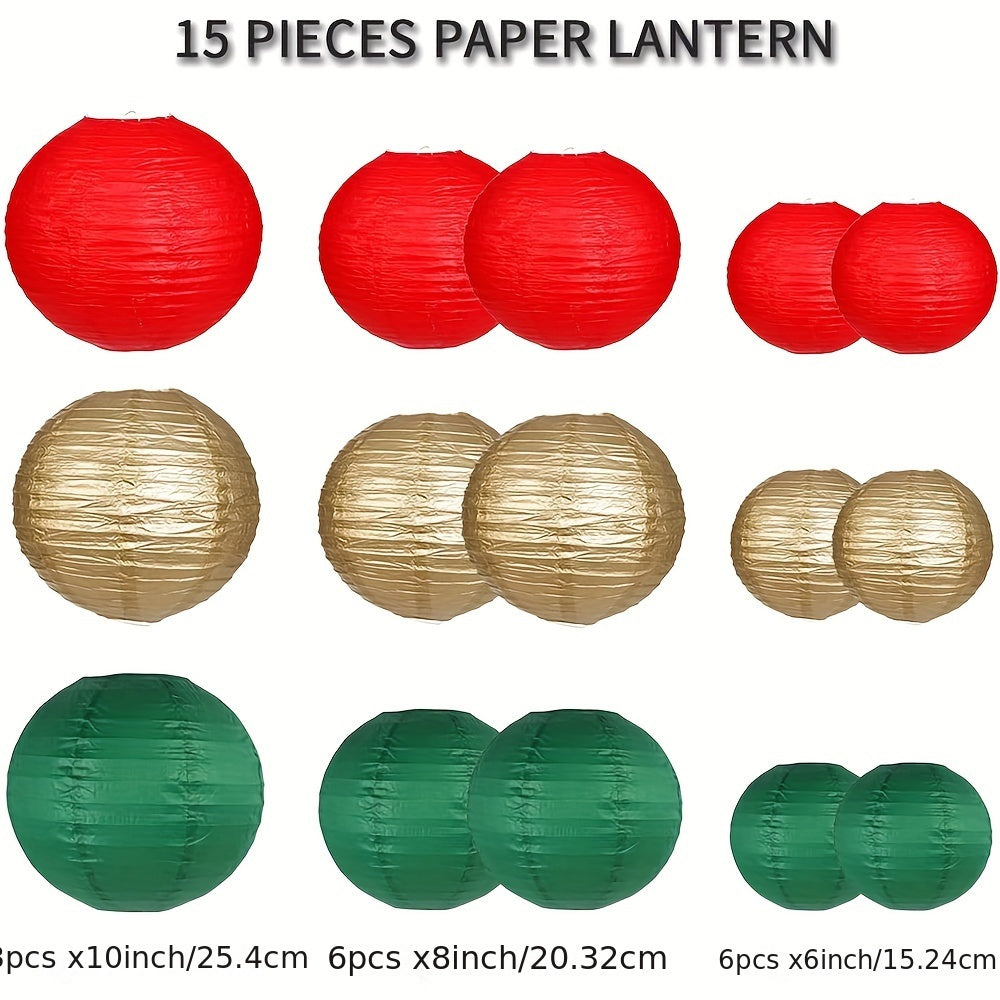 15pcs, Christmas party decoration paper lanterns, 3 25cm, 6 20cm, 6 15cm paper lanterns, 15 sets, suitable for Christmas/New Year room decoration, to increase the festive atmosphere, red, dark green, gold,
