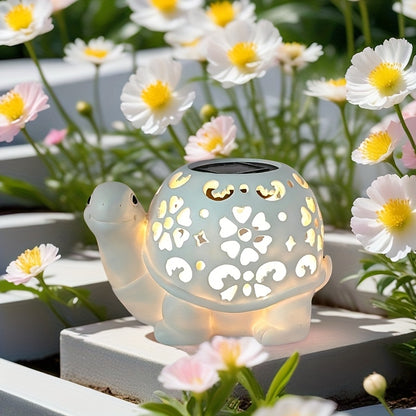 TortuLuz TT — Lámpara Solar de Jardín en Forma de Tortuga con Detalles Florales (Estilo Rústico, Resina)