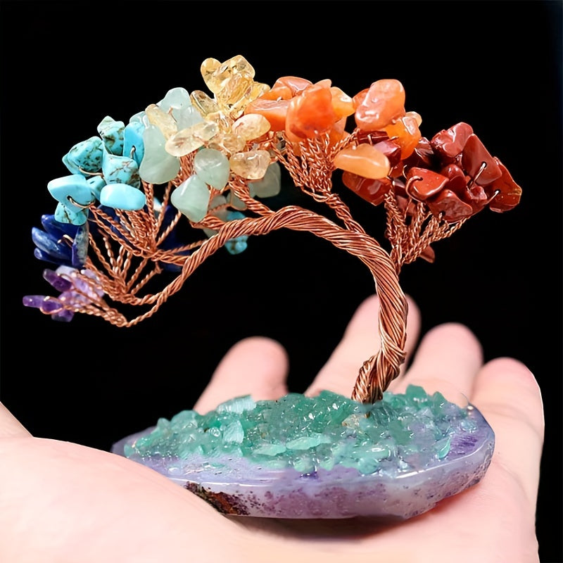 Natural Crystal Feng Shui Seven Chakras Colorful Stone Agate Base Wealth Tree Welcoming Pine, Spiritual Item