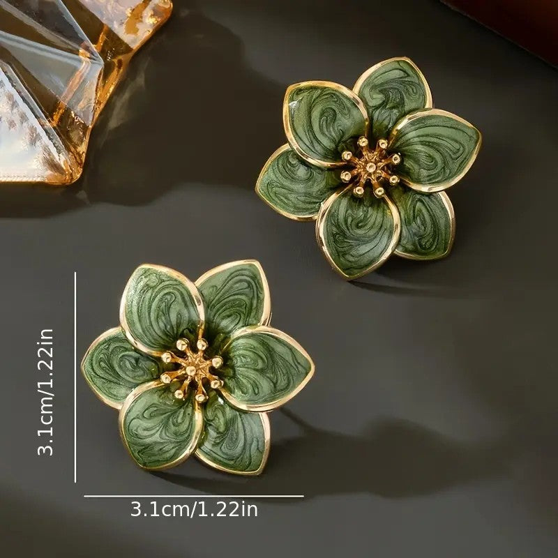 Pair of Elegant Green Floral Earrings for Women – Golden-Tone Flower Design with Intricate Vein Detail, Perfect for Casual Attire or Parties, Quirky Earrings, Novelty Earring