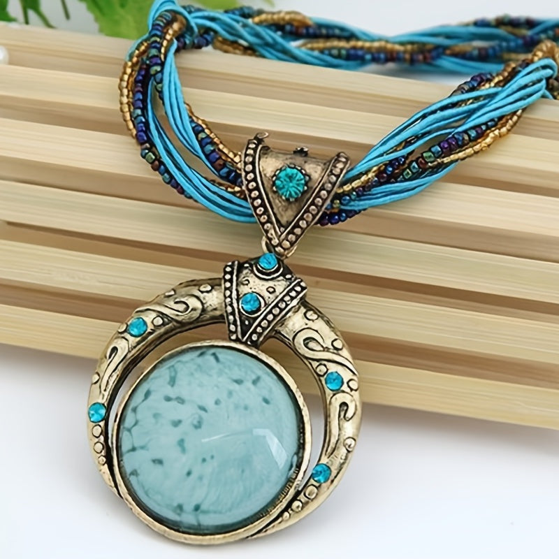 1pc Elegant Bohemian Handmade Pendant Necklace with Round Faux Gemstone, Alloy Material, Perfect for Women'S Party And Festival Celebrations, Versatile Jewelry Accessory for All Seasons, Festive Jewelry | Elegant Pendant | Al