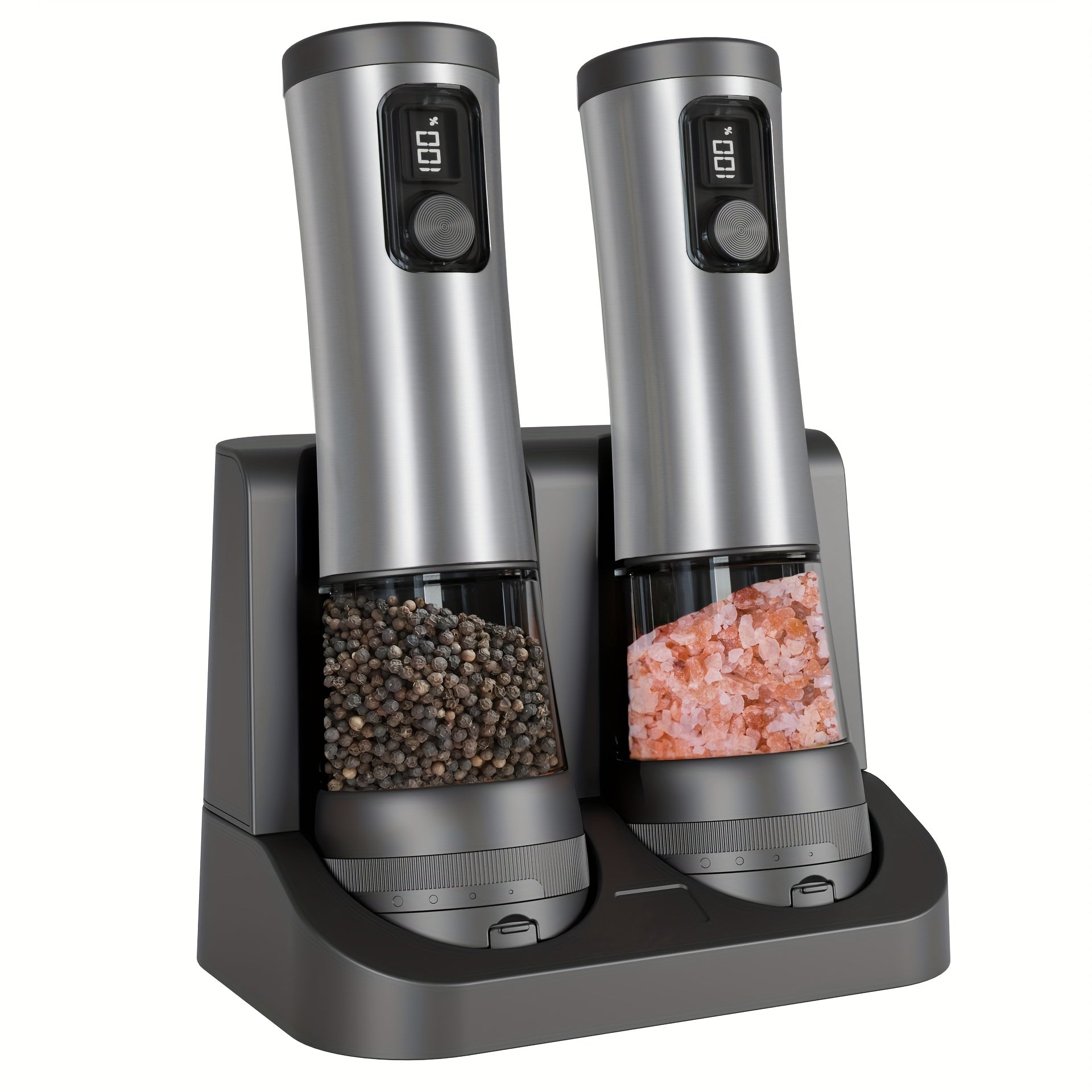 2pcs, Stainless Steel Electric Pepper Salt Grinder with LED Display, Combination Base and USB Charging, Roughness Adjustable, Large Capacity Pepper Salt Grinder, Suitable for Kitchen, Restaurant and Outdoor Use, Ideal Choice