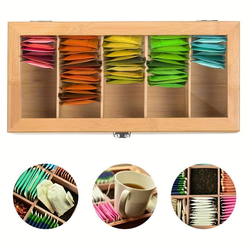 1pc Bamboo Tea Bag Organizer with Transparent Glass Lid - Multi-Compartment Storage Box for Tea, Coffee, and Desk Supplies, Natural Wood Finish, Colorful Tea Bag Display, Perfect for Kitchen or Office Organization, Tea Storag