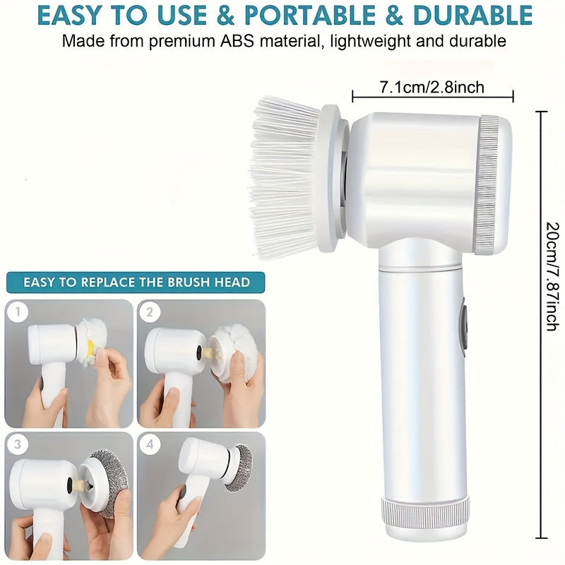 LAN XUN 5-in-1 Rechargeable Electric Cleaning Brush Set with USB Charging, Medium Hardness, Multi-Purpose Handheld Brush Tool Kit for Bathroom, Kitchen, Bedroom, Living Room, Toilet - Includes 5 Brush Heads