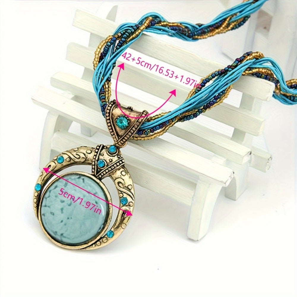 1pc Elegant Bohemian Handmade Pendant Necklace with Round Faux Gemstone, Alloy Material, Perfect for Women'S Party And Festival Celebrations, Versatile Jewelry Accessory for All Seasons, Festive Jewelry | Elegant Pendant | Al