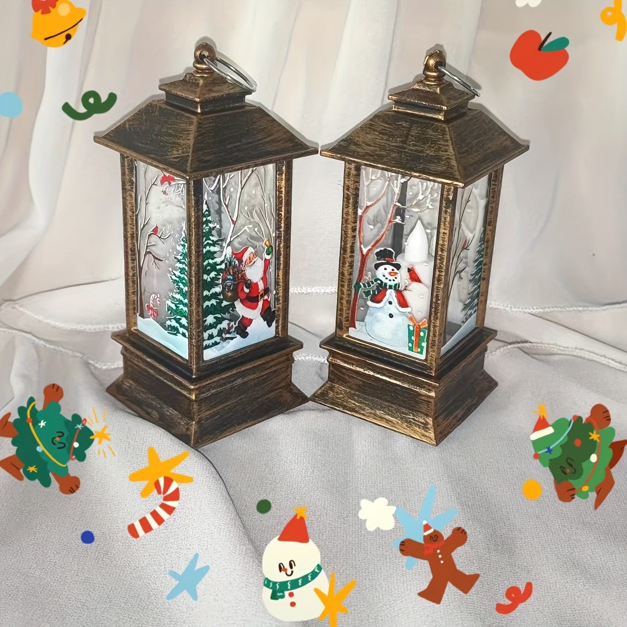 FestiveGlow Duo — Faroles Navideños LED con Efecto de Llama Realista (Santa & Muñeco de Nieve)