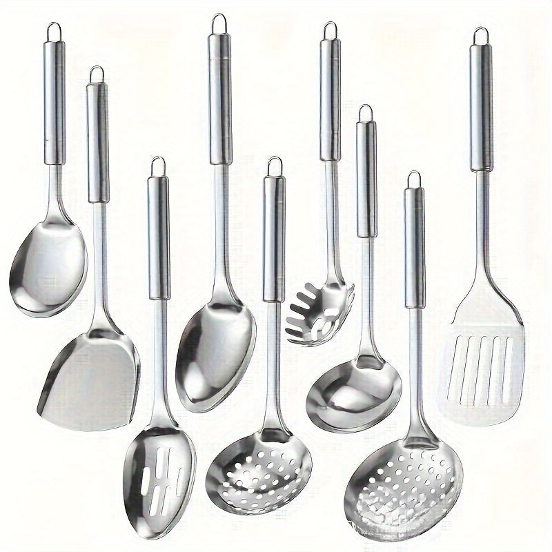 9pcs Modern Stainless Steel Cooking Utensil Set - Non-Stick, Washable, Easy Storage - Ideal for Home Chefs and Culinary Enthusiasts - Perfect for Christmas, Halloween, Thanksgiving, Kitchen Essentials|Sleek Kitchenware|Durabl