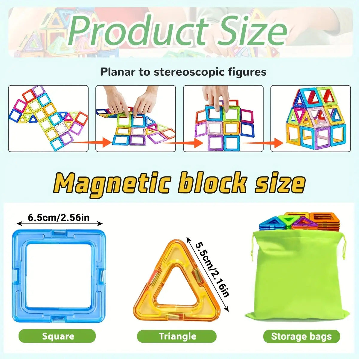 Large Magnetic Building Blocks STEM Educational Set with Storage Bag - 3D Architectural Construction for, Creative Learning Gift with Interlocking Rods, Squares, Triangles & Curved Brackets - Birthday/Christmas/Halloween Gift