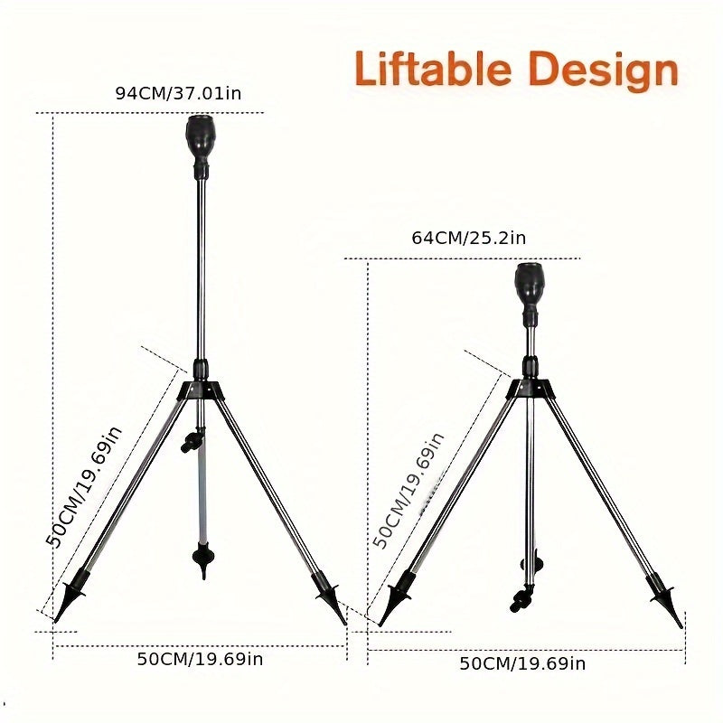 Manual Push-Along Metal Garden Sprinkler with 360° Rotating Tripod Stand, Adjustable Height & Multiple Nozzles for Large Coverage - Durable Lawn & Yard Watering Tool, Sprinklers for Garden, Userfriendly Design, Sturdy Constr