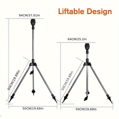 HydroTrack 360 — Aspersor Metálico Manual con Trípode Giratorio y Altura Ajustable