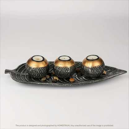 Leaf Harmony — Set de Portavelas de Madera con Bandeja y Esferas