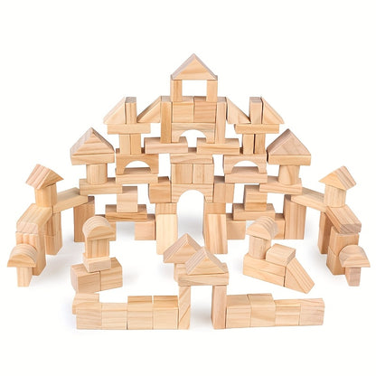 CastilloGeo FC — Set de 100 Bloques Geométricos de Madera Natural para Construcción de Torres y Castillos