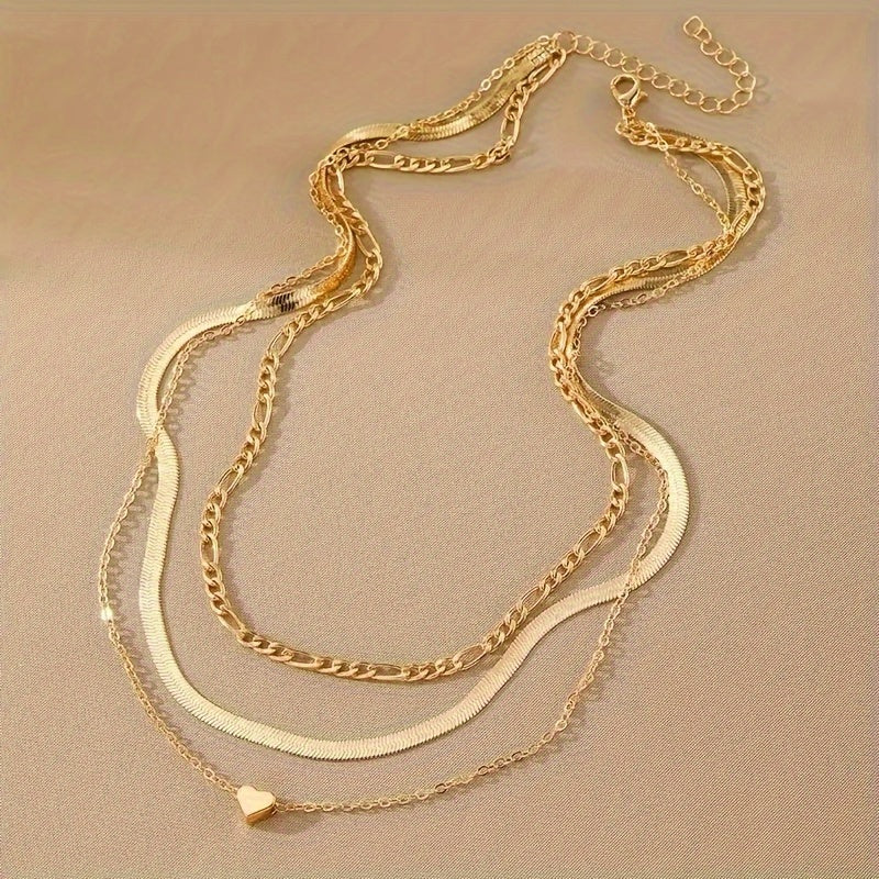 Elegant Layered Heart Charm Snake & Cuban Chain Necklaces, Retro Classic Style Fashion Women's Clavicle Chain Jewelry Set