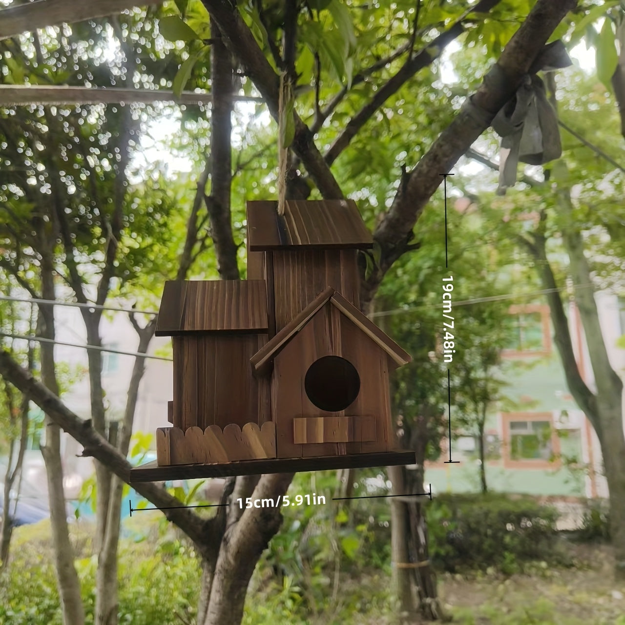 3-Room Rustic Wooden Birdhouse with Multiple Perches & Rooftop Vents - High-Quality Pine Wood Garden Feeder for Birds, Outdoor Weather-Resistant Design, Natural Finish, Without Battery