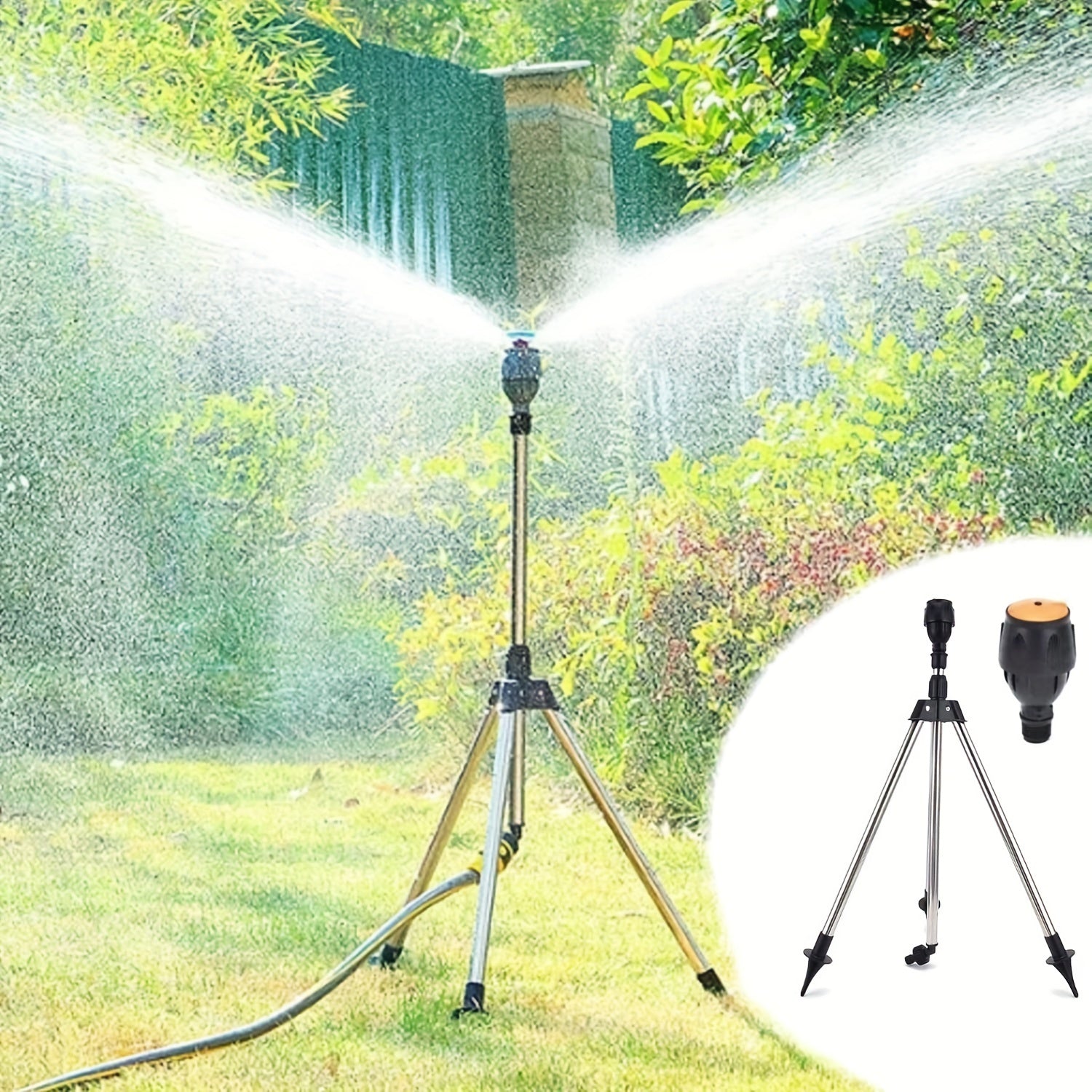 Manual Push-Along Metal Garden Sprinkler with 360° Rotating Tripod Stand, Adjustable Height & Multiple Nozzles for Large Coverage - Durable Lawn & Yard Watering Tool, Sprinklers for Garden, Userfriendly Design, Sturdy Constr
