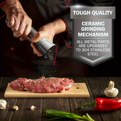 FlavorMill FD — Set de 2 Molinillos de Sal y Pimienta en Acero Inoxidable y Vidrio Alto (Cerámica Ajustable)