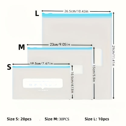 ZipFresh HM — Set de 60 Bolsas de Almacenamiento de Alimentos con Cierre Deslizante (3 Tamaños, Cuadradas, Aptas para Congelador)