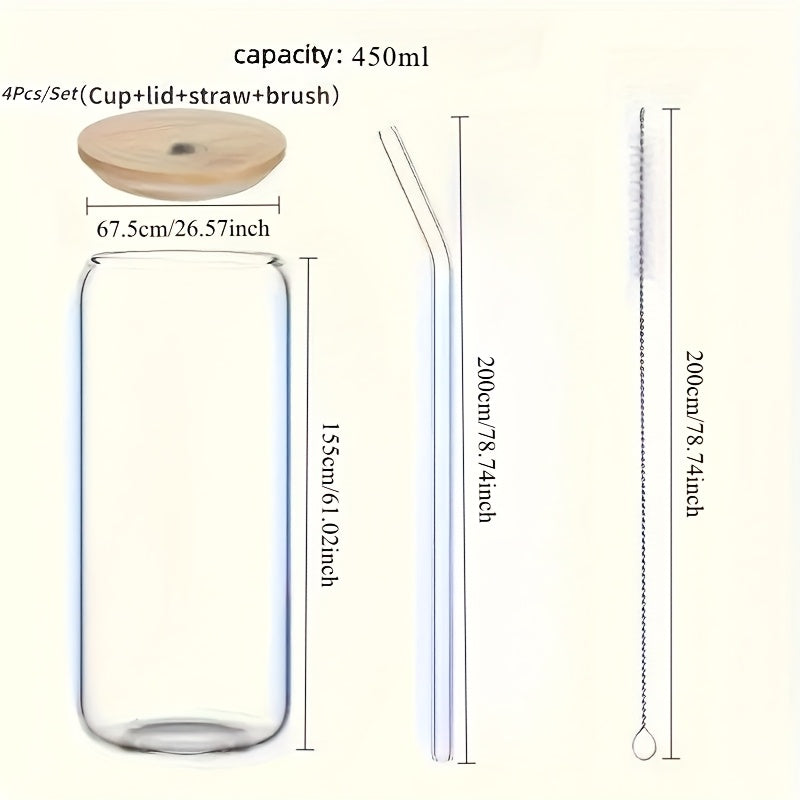 BrewJoy Set — Vasos de Vidrio con Tapa, Bombilla y Cepillo (4 Piezas)