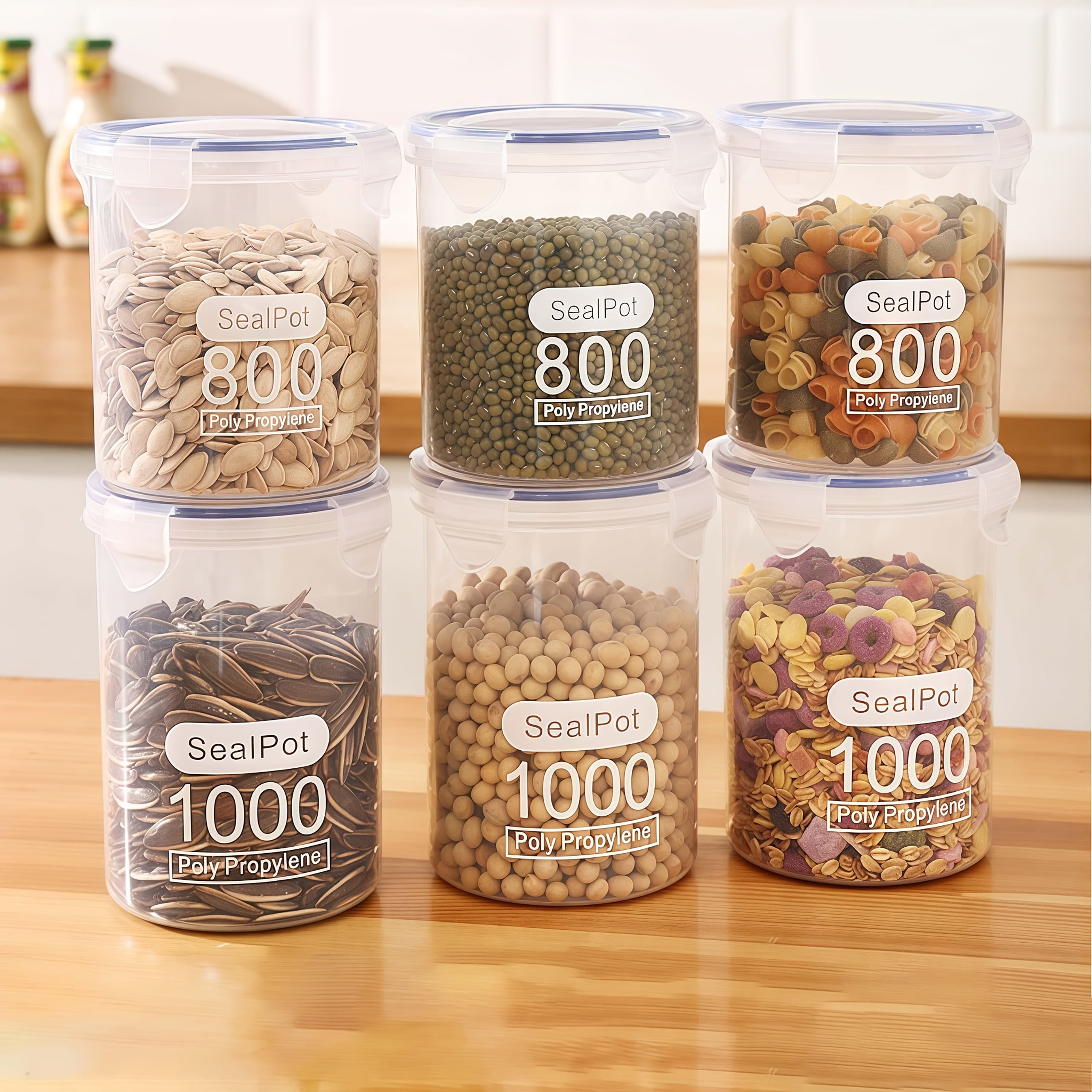 4pcs Large Airtight Grain Storage Jars with Lids - Transparent Pantry Containers, Stackable Kitchen Canisters for Dry Goods, Beans, Rice, Pasta - Leakproof Flip-Top Lid & Easy-Clean Base - Space-Saving Organizer for Pantry, R