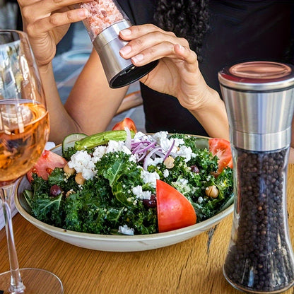 FlavorMill FD — Set de 2 Molinillos de Sal y Pimienta en Acero Inoxidable y Vidrio Alto (Cerámica Ajustable)