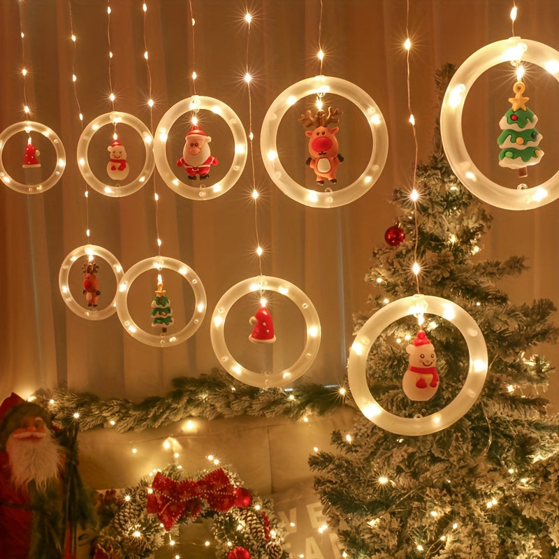 Rustic Christmas LED Curtain Lights Set - Santa, Reindeer, Snowman & Tree Designs | USB Powered Festive String Lights for Home, Bedroom & Party Decor, Key Control, White, Glamorous Style, Plastic Material