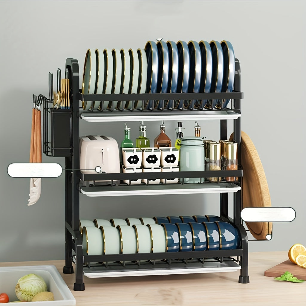 A Complete Set of High-Quality Carbon Steel Three-Layer Bowls, Plates, Chopsticks, Forks, Spoons, Cups, And a Cutting Board with a Draining And Storage Rack.