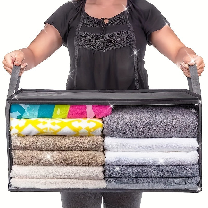 54.02 L Large Capacity Foldable Storage Box, Gray, Rectangular, Modern Style, Durable Fabric, Transparent Window, Sturdy Handle, Multi-Purpose, Suitable for Wardrobe, Dormitory, Home Organization, Clothes, 24-Hour Bedding, Pi