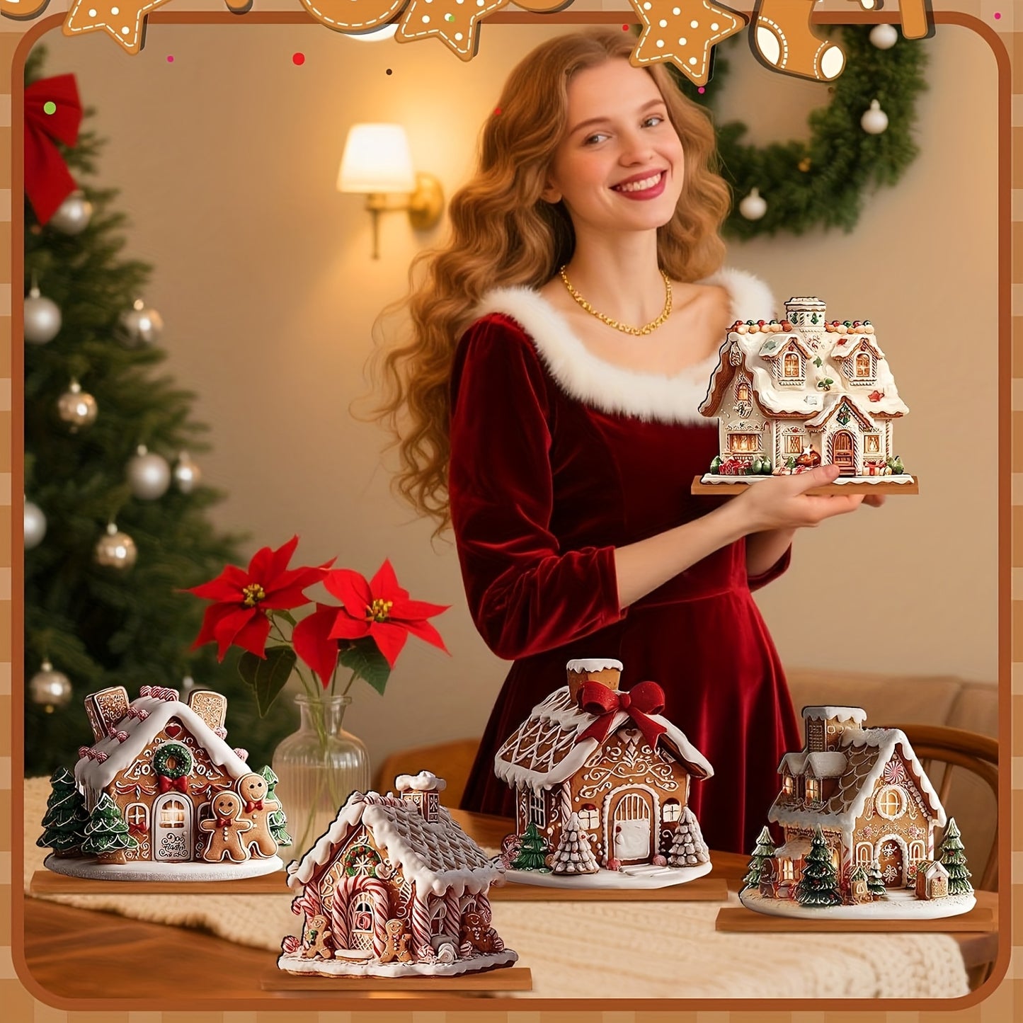 🍪 Adornos de Mesa Navideños Casa de Jengibre (5 piezas)