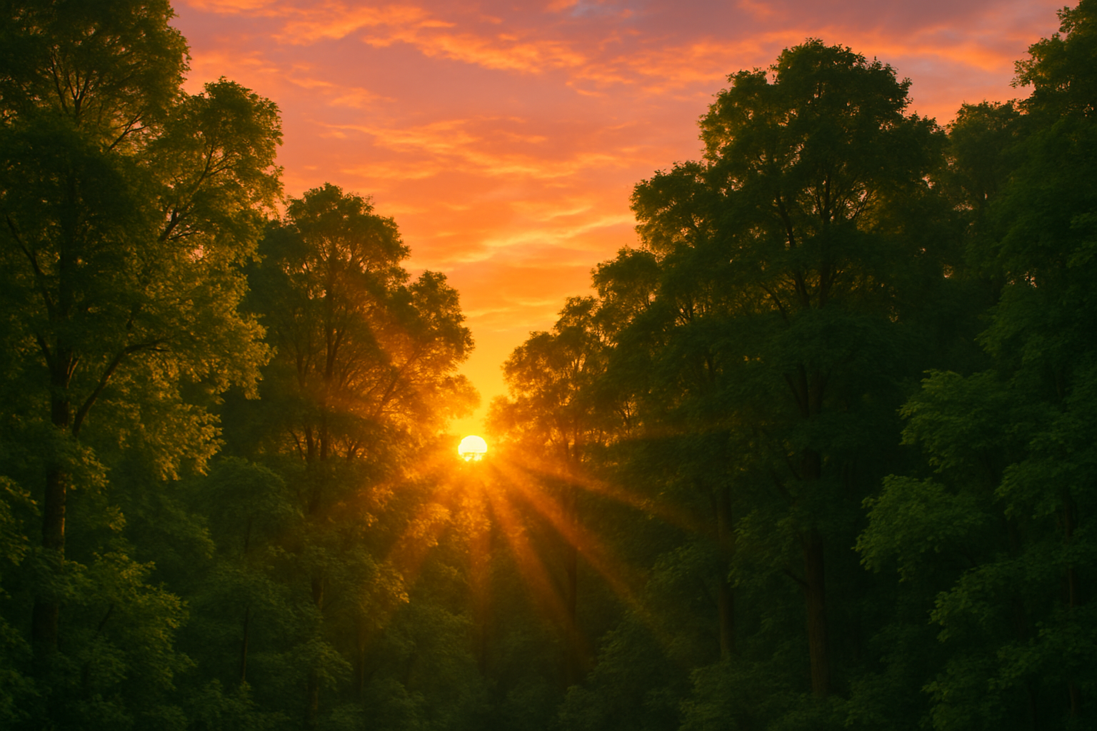 un atardecer realista tras un bosque frondoso.