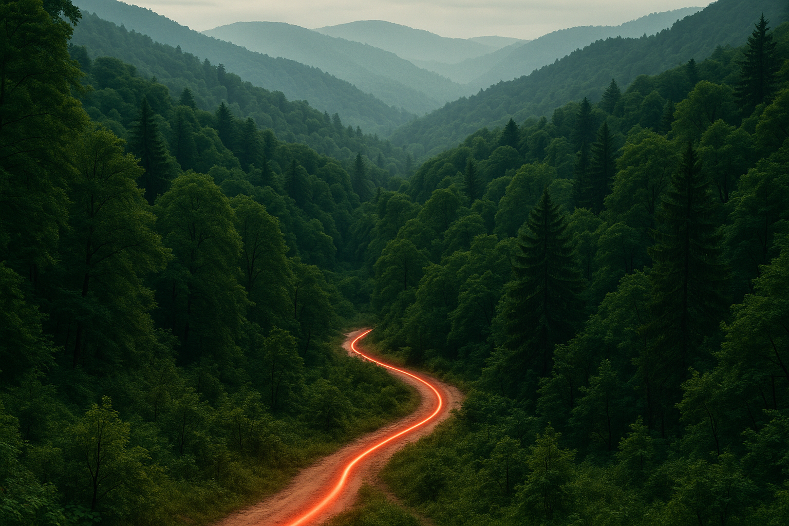 UN BOSQUE VERDE, DONDE ENTRE MEDIO DE LA IMAGEN SE VE UN CAMINO DE ARENA CREADO POR UNA LINEA ILUMINADA ROJA. RECORRE TODA LA IMAGEN EN LA PARTE INFERIOR DE IZQUIERDA A DERECHA EN VARIAS CAPAS DE MONTAÑASCON BOSQUE.
